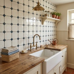 image of cotswold octagon tile used with blue tacos on a country utility room wall